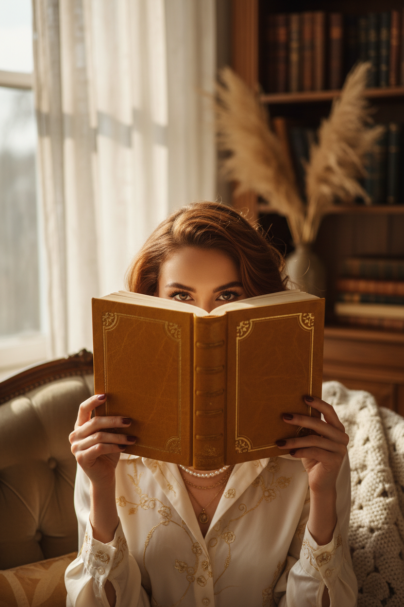 Girl holding book over face
