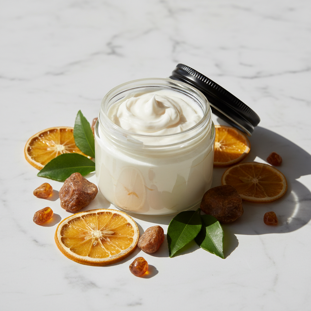 Amber Infusion Whipped Tallow Body Butter open jar showing creamy white texture with bergamot slices and amber stones on marble